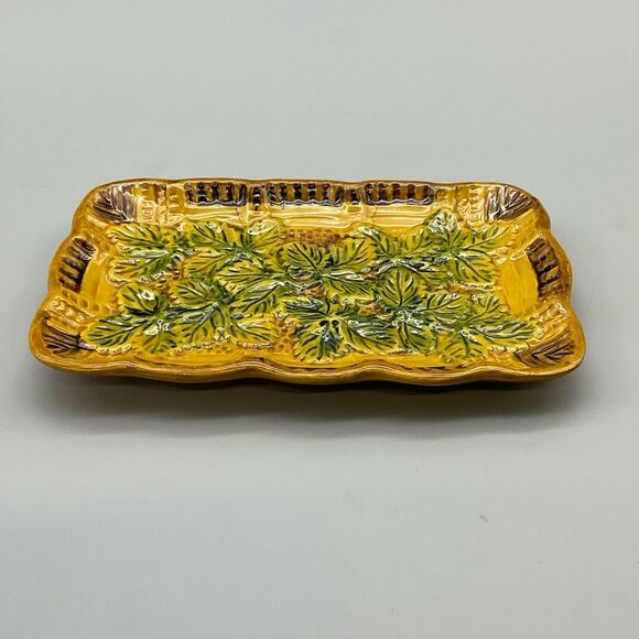 Vintage Italian Pottery Tray Pheasant Village Marked Italy PV 65496 Raised Leaf - Picture 1 of 8